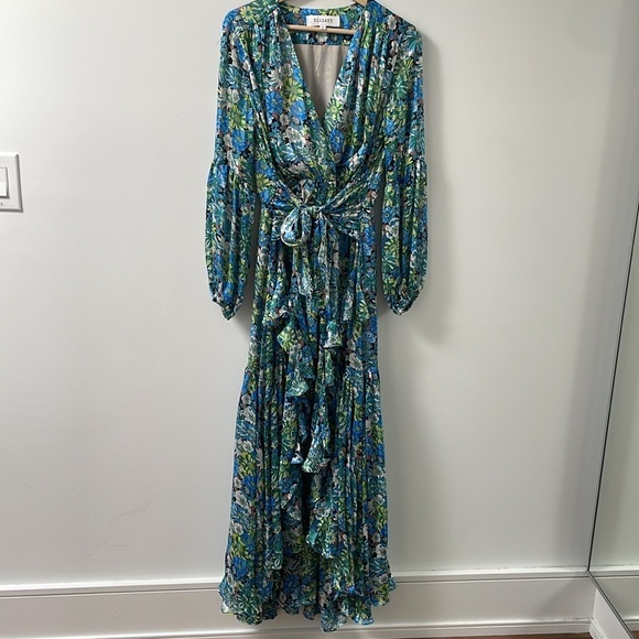 Elliatt Revolve Claude Ruffled Satin Maxi Dress Floral High Low hem Blue Small S - Picture 6 of 13